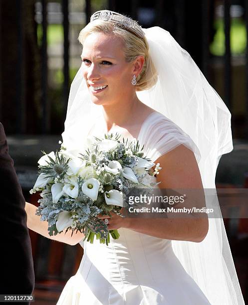 Zara Phillips leaves Canongate Kirk after her wedding to Mike Tindall on July 30, 2011 in Edinburgh, Scotland. The Queen's granddaughter Zara...