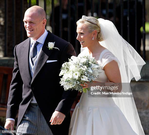 Mike Tindall and Zara Phillips leave Canongate Kirk after their wedding on July 30, 2011 in Edinburgh, Scotland. The Queen's granddaughter Zara...