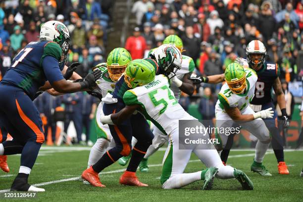 Deiontrez Mount of the Tampa Bay Vipers makes a tackle against the Seattle Dragons at CenturyLink Field on February 15, 2020 in Seattle, Washington.