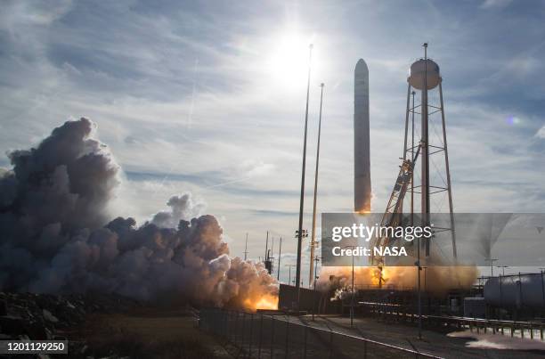 The Northrop Grumman Antares rocket, with Cygnus resupply spacecraft onboard, launches from Pad-0A on February 15, 2020 at NASA's Wallops Flight...