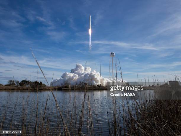 The Northrop Grumman Antares rocket, with Cygnus resupply spacecraft onboard, launches from Pad-0A on February 15, 2020 at NASA's Wallops Flight...