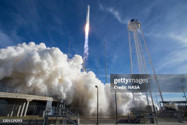 The Northrop Grumman Antares rocket, with Cygnus resupply spacecraft onboard, launches from Pad-0A on February 15, 2020 at NASA's Wallops Flight...