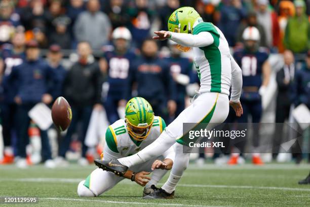 Andrew Franks the kicker for the Tampa Bay Vipers kicking a field goal against the Seattle Dragons at CenturyLink Field on February 15, 2020 in...