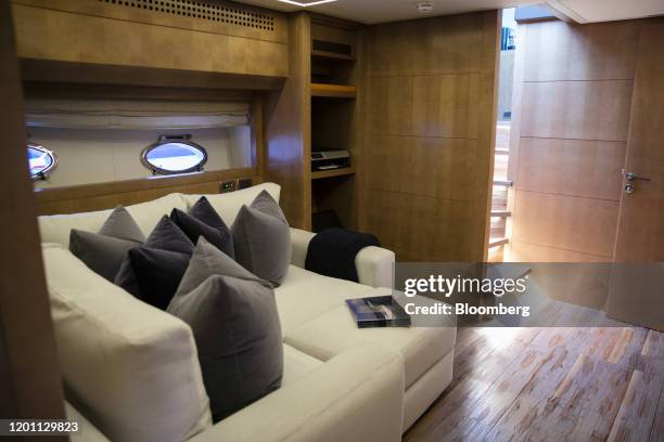 Furniture sits in a cabin of the Pershing Groot yacht displayed at the Super Yacht Miami Show in Miami, Florida, U.S., on Friday, Feb. 14, 2020. The...