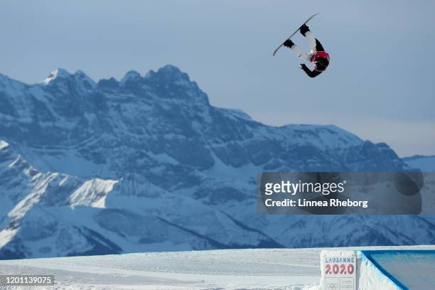 Alvaro Yanez of Chile competes in Men’s Snowboard Big Air Qualification Run 1 during day 13 of the Lausanne 2020 Winter Youth Olympics at Leysin Park...