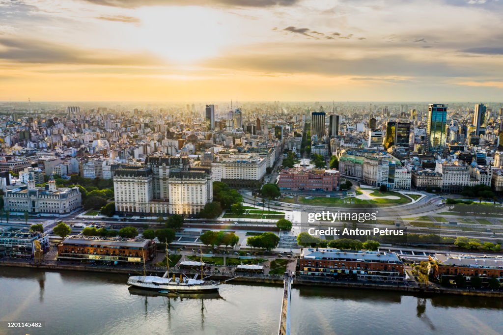Aerial view of Buenos Aires at sunset. Argentina.