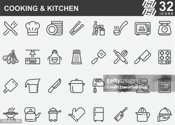 koch- und küchenlinien-icons - garkochen stock-grafiken, -clipart, -cartoons und -symbole