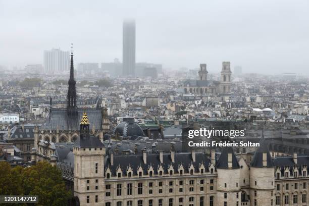 View on Paris from the Tour Saint-Jacques in the autumn. View on the Conciergerie and the historic areas of Paris on November 10, 2019 in Paris,...