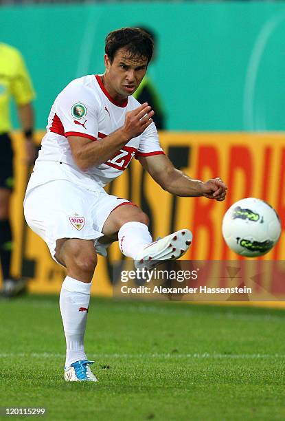 Ermin Bicakcic of Stuttgart runs with the ball during the DFB Pokal first round match between SV Wehen-Wiesbaden and VfB Stuttgart at Brita Arena on...