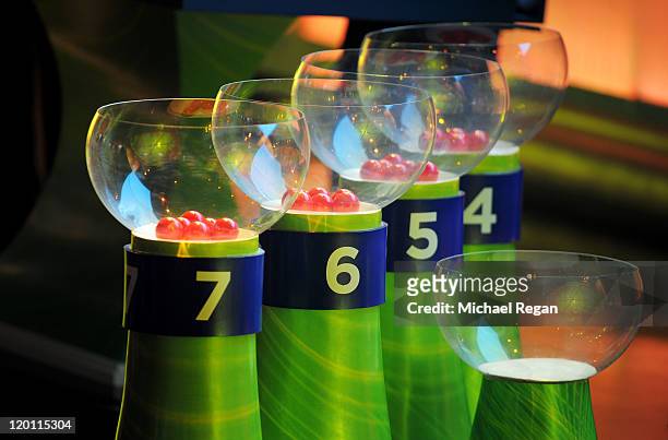 General view of the pots with the draw balls during the Preliminary Draw of the 2014 FIFA World Cup at Marina Da Gloria on July 30, 2011 in Rio de...