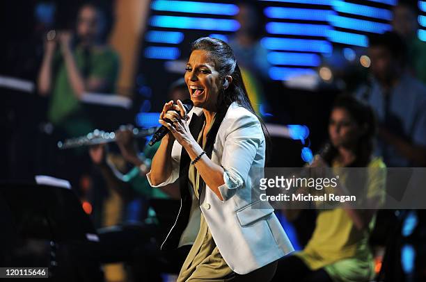 Brazilian singer Ivete Sangalo performs during the Preliminary Draw of the 2014 FIFA World Cup at Marina Da Gloria on July 30, 2011 in Rio de...