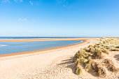 Sand dunes where Norfolk Coast path National Trail from Barnham Overy Staithe reaches the sea