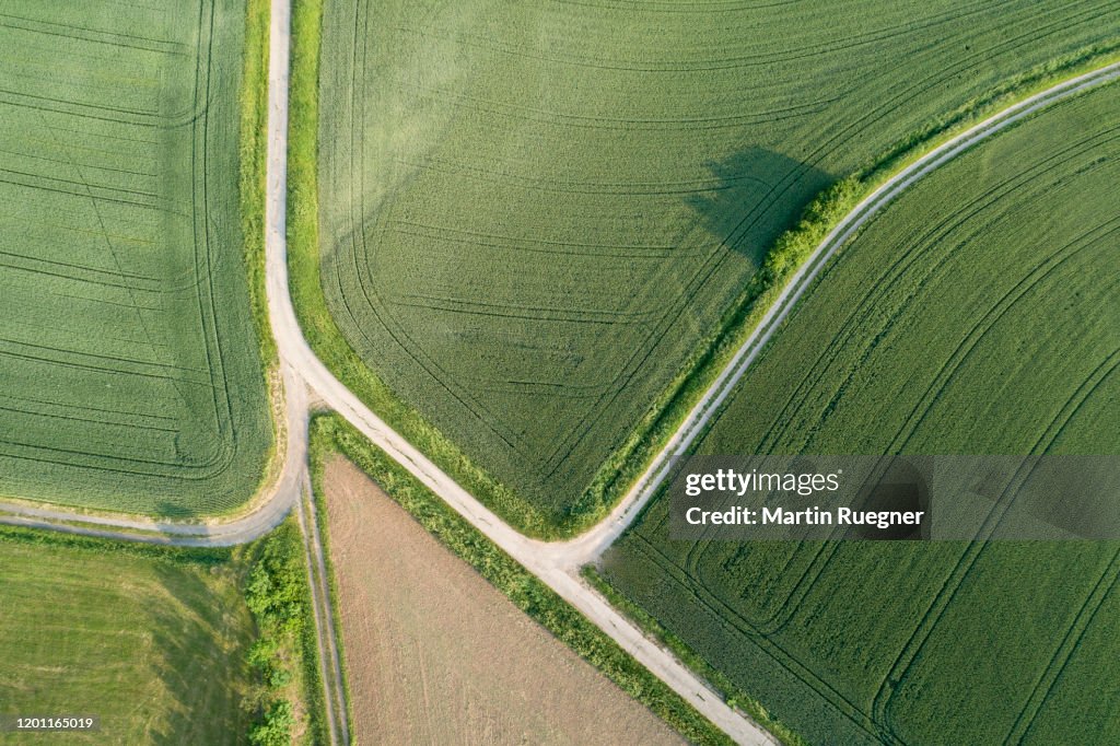 Aerial View Of Rural Dirt Roads With Road Junctions In Rural Landscape aerial-view-of-rural-dirt-roads-with-road-junctions-in-rural-landscape