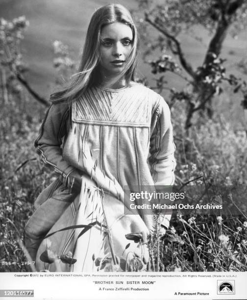 Judi Bowker walks through a field in a scene from the film 'Brother Sun and Sister Moon', 1972.