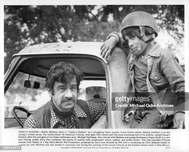 Walter Matthau and Michael Hershewe on truck a scene from the film 'Casey's Shadow', 1978.