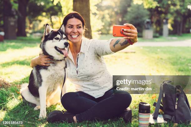 pet owner with dog taking selfie - off leash dog park stock pictures, royalty-free photos & images