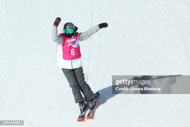 Jenna Riccomini of USA celebrates after her Women’s Freeski Big Air Final Run 3 in freestyle skiing during day 13 of the Lausanne 2020 Winter Youth...