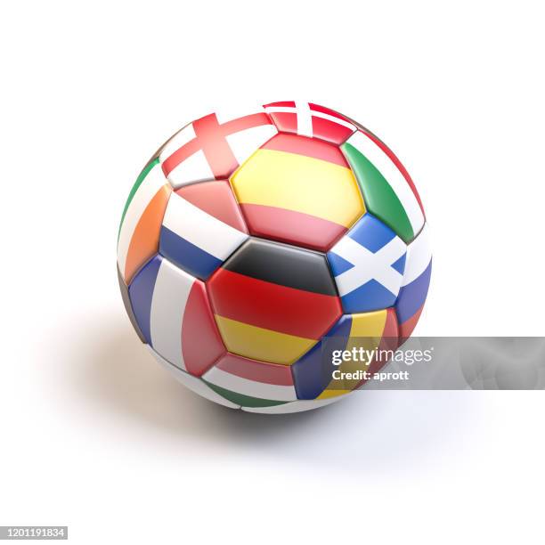 3D render: Soccer ball with flags of all hosting countries of Soccer Championship 2020 in Europe (Germany, France, Netherl., Italy, Romania, Hungary, Spain, England, Scotland, Denmark, Ireland, Russia)