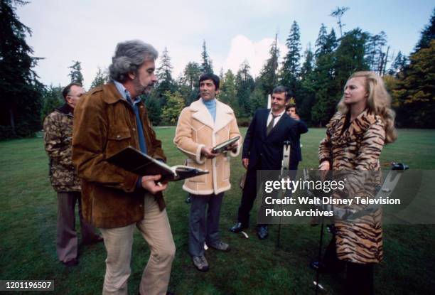 Joseph L Scanlan, Ray Danton, Donnelly Rhodes, Sharon Acker, behind the scenes, making of the ABC tv movie 'Our Man Flint: Dead on Target'.