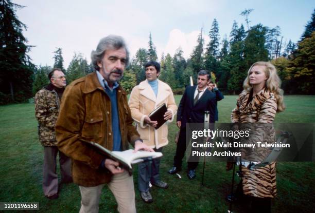 Joseph L Scanlan, Ray Danton, Donnelly Rhodes, Sharon Acker, behind the scenes, making of the ABC tv movie 'Our Man Flint: Dead on Target'.