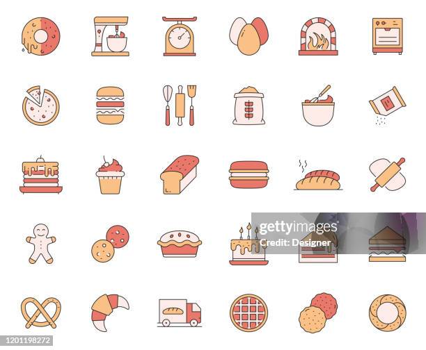 stockillustraties, clipart, cartoons en iconen met eenvoudige set van bakkerij en patisserie gerelateerde vector lijn iconen. overzichts symbool verzameling. - deeg