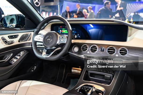 Mercedes-Benz S-Class S560e 4MATIC Plug-in hybrid sedan luxury limousine interior on display at Brussels Expo on January 9, 2020 in Brussels,...