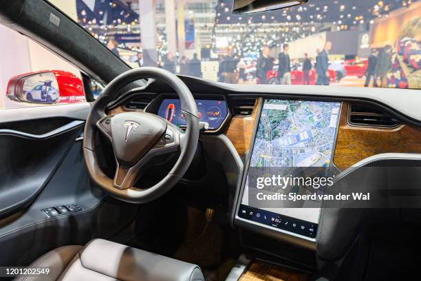 Tesla Model S dual motor all electric sedan interior on display at Brussels Expo on January 9, 2020 in Brussels, Belgium. The Tesla model S is fitted...