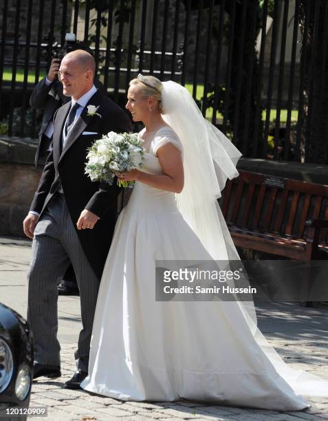 Zara Phillips and Mike Tindall leave the church after their marriage ceremony at Canongate Kirk on July 30, 2011 in Edinburgh, Scotland.
