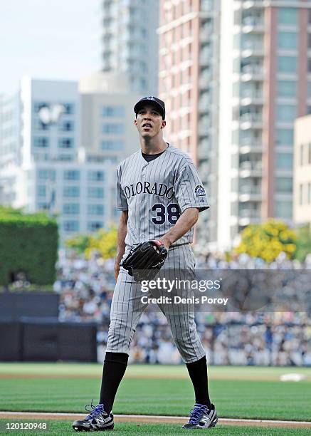 Ubaldo Jimenez of the Colorado Rockies walks off the field after pitching during the first inning of a baseball game against the San Diego Padres at...