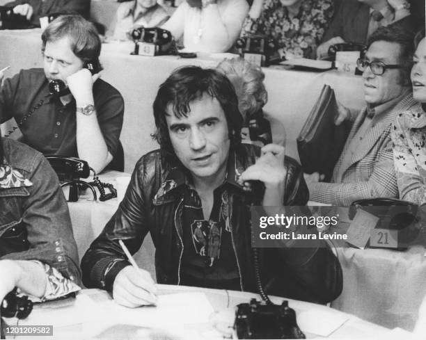 Terry Jones of Monty Python answers calls at PBS Channel 13/WNET during their pledge drive on March 9 in New York City, New York.