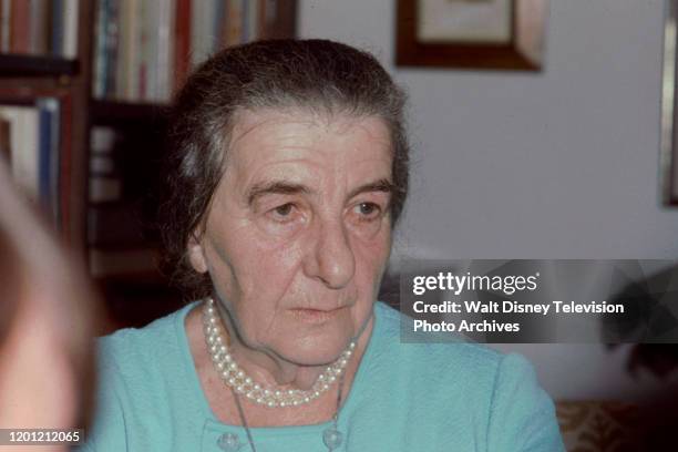 Prime Minister of Israel Golda Meir appearing on the ABC tv series 'Issues and Answers'.