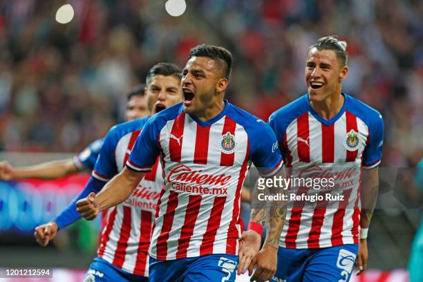 Ernesto Vega of Chivas celebrates after scoring his team's first goal during the 6th round match between Chivas and Cruz Azul as part of the Torneo...