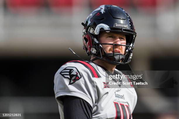 Matt McGloin of the NY Guardians warms up before the XFL game against the DC Defenders at Audi Field on February 15, 2020 in Washington, DC.