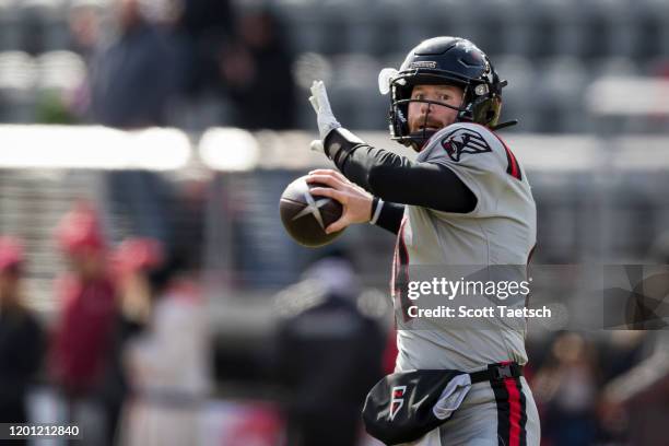 Matt McGloin of the NY Guardians warms up before the XFL game against the DC Defenders at Audi Field on February 15, 2020 in Washington, DC.