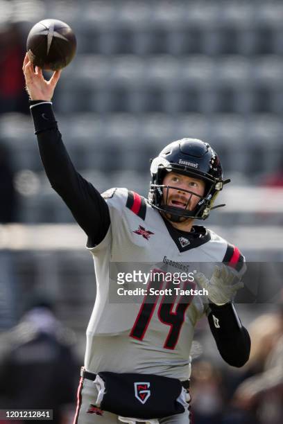 Matt McGloin of the NY Guardians warms up before the XFL game against the DC Defenders at Audi Field on February 15, 2020 in Washington, DC.