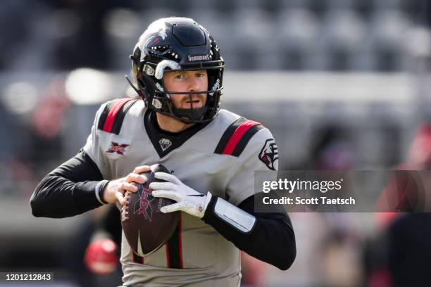 Matt McGloin of the NY Guardians warms up before the XFL game against the DC Defenders at Audi Field on February 15, 2020 in Washington, DC.