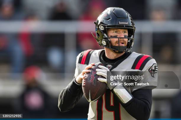 Matt McGloin of the NY Guardians looks to pass during the first half of the XFL game against the DC Defenders at Audi Field on February 15, 2020 in...