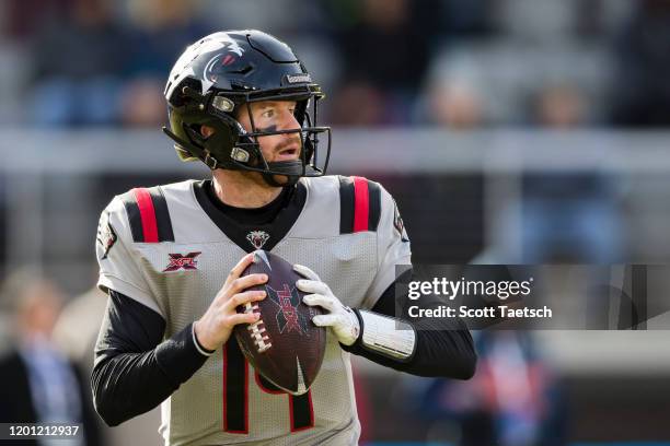 Matt McGloin of the NY Guardians looks to pass during the first half of the XFL game against the DC Defenders at Audi Field on February 15, 2020 in...