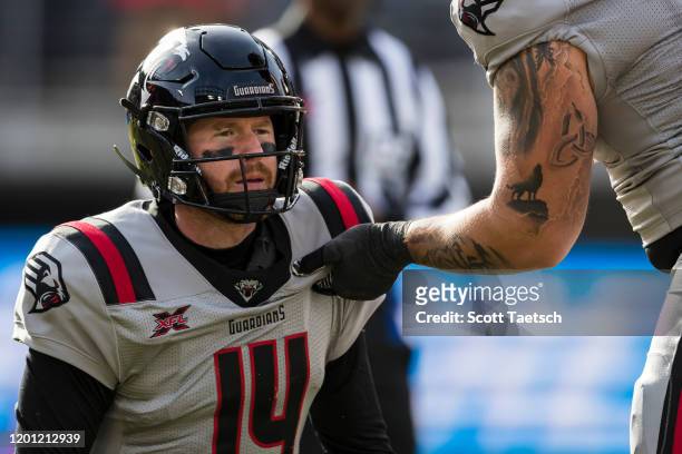 Matt McGloin of the NY Guardians is helped up after being knocked to the turf during the first half of the XFL game against the DC Defenders at Audi...