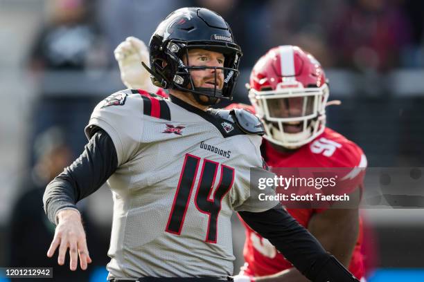 Matt McGloin of the NY Guardians looks on after attempting a pass during the first half of the XFL game against the DC Defenders at Audi Field on...