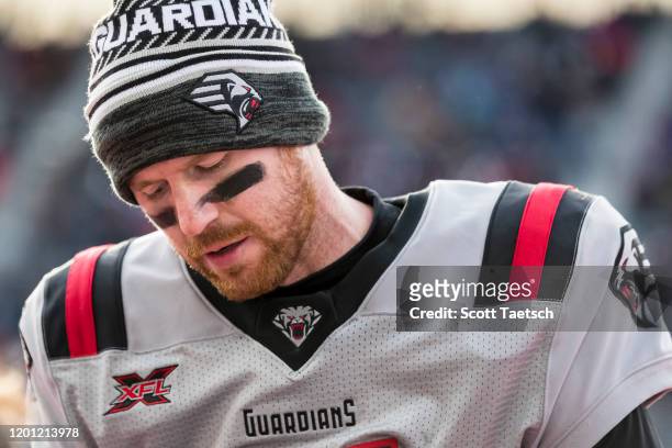 Matt McGloin of the NY Guardians looks on during the second half of the XFL game against the DC Defenders at Audi Field on February 15, 2020 in...