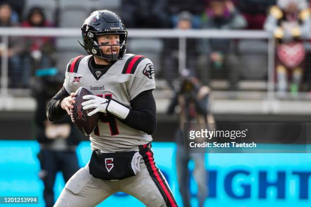 Matt McGloin of the NY Guardians looks to pass against the DC Defenders during the second half of the XFL game at Audi Field on February 15, 2020 in...