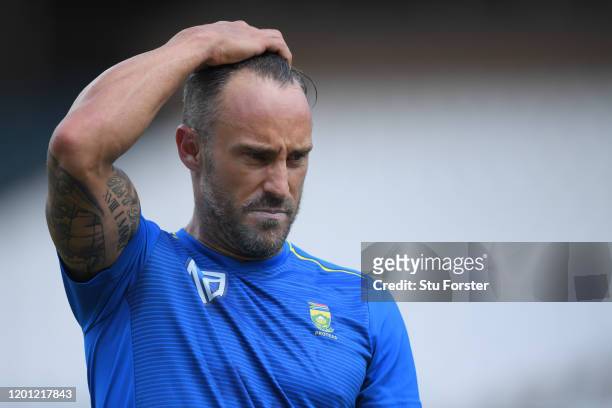 South Africa captain Faf du Plessis reacts during South Africa nets at The Wanderers ahead of the 4th and final Test Match on January 22, 2020 in...