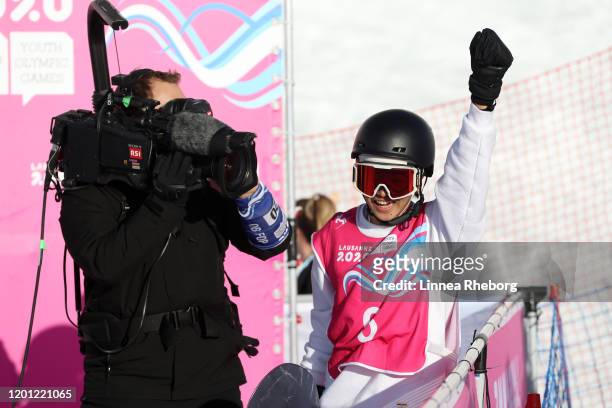 Aoto Kawakami of Japan celebrates after his Men’s Snowboard Big Air Final Run during day 13 of the Lausanne 2020 Winter Youth Olympics at Leysin Park...