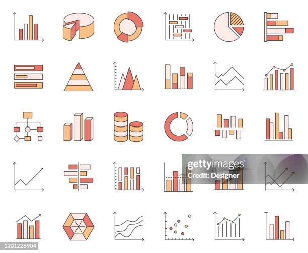 simple set of graphs and charts related vector line icons. outline symbol collection - business spreadsheet stock illustrations