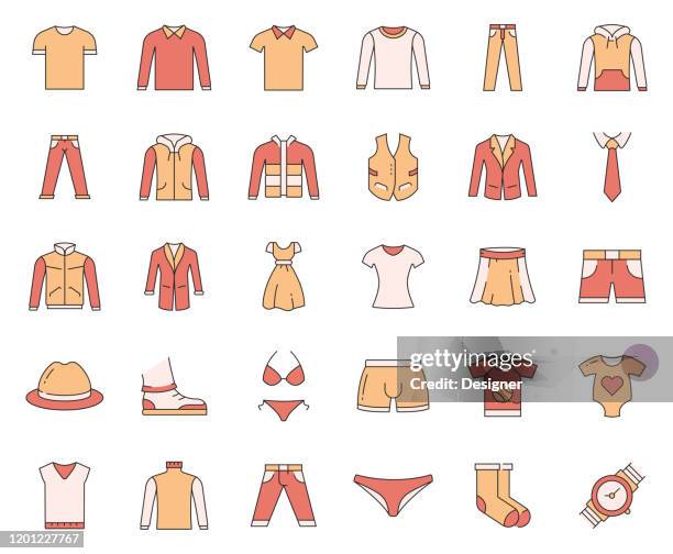 ilustraciones, imágenes clip art, dibujos animados e iconos de stock de conjunto simple de iconos de línea vectorial relacionados con la ropa. colección de símbolos de esquema. - cardigan sweater