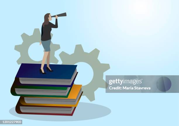 businesswoman andlooking with the telescope. - bookstand stock illustrations