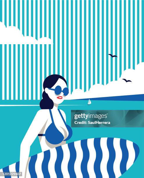 ilustraciones, imágenes clip art, dibujos animados e iconos de stock de chica con mesa de surf - surf beach