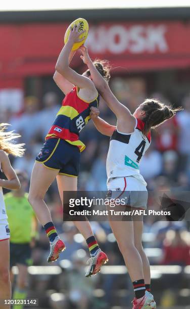 Eloise Jones of the Crows marks the ball over Claudia Whitfort of the Saints during the 2020 AFLW Round 02 match between the Adelaide Crows and the...