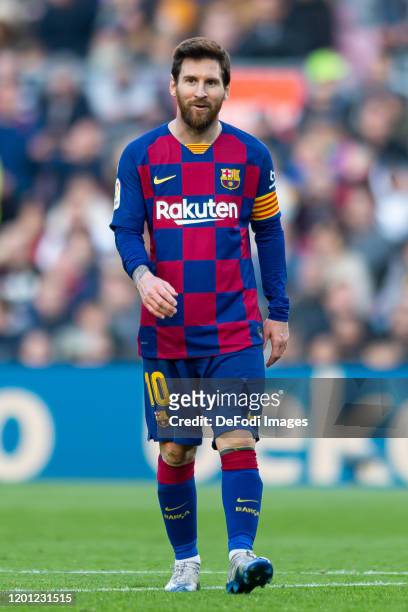 Lionel Messi of FC Barcelona smiles during the Liga match between FC Barcelona and Getafe CF at Camp Nou on February 15, 2020 in Barcelona, Spain.